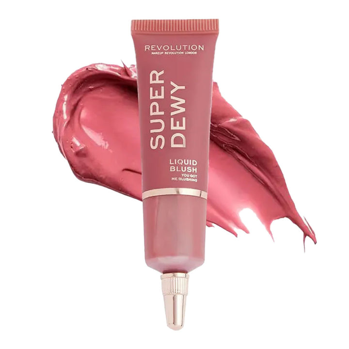 Revolution Super Dewy Liquid Blush You Got Me Blushing, dewy liquid blush with buildable pigment and radiant finish with swatch