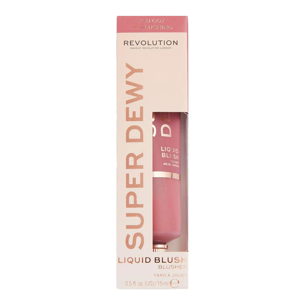 Revolution Super Dewy Liquid Blush You Got Me Blushing boxed product showing liquid blush packaging with dewy, radiant finish