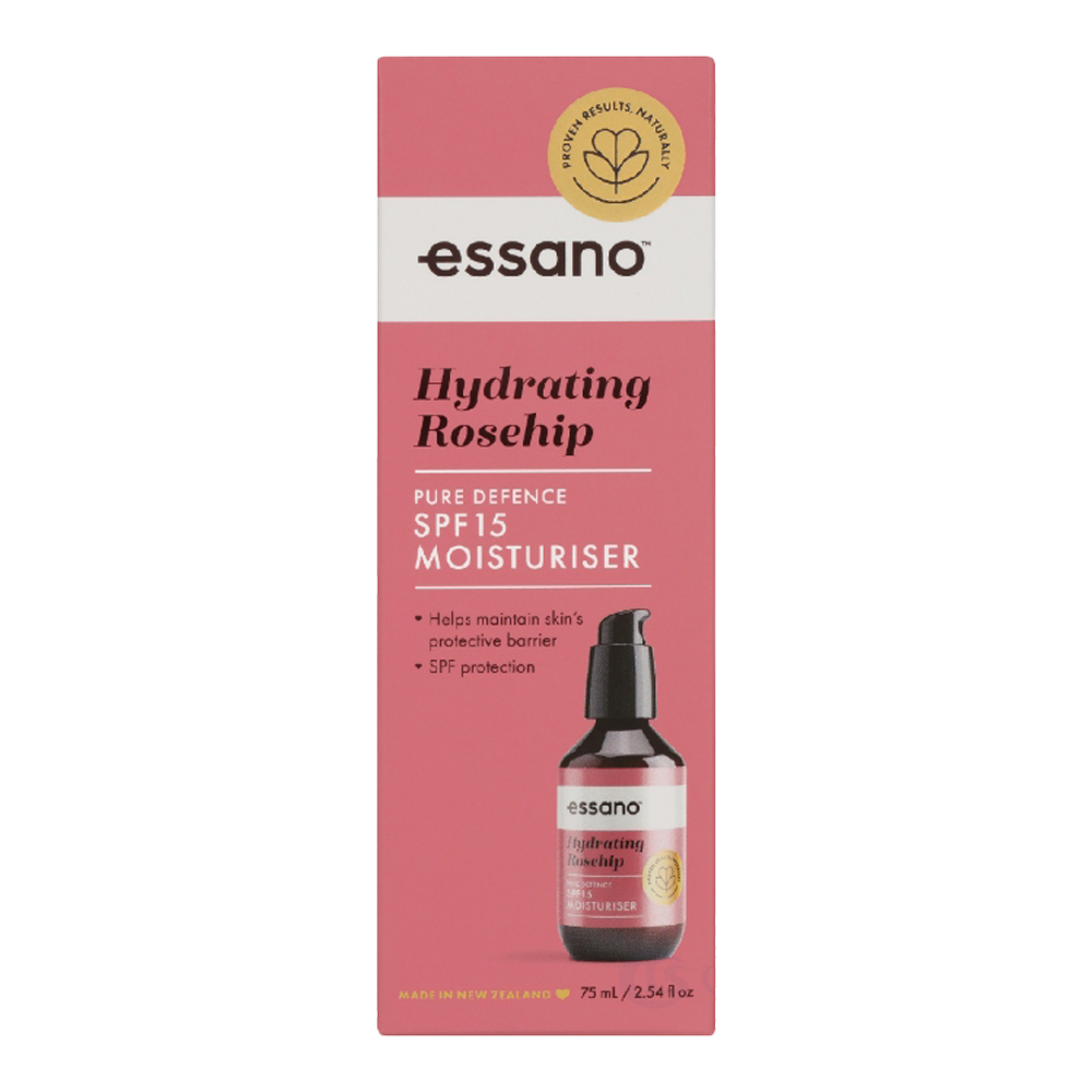 Essano Hydrating Rosehip Pure Defense SPF15 Moisturiser – Nourishing hydration with SPF15 protection for all skin types.
