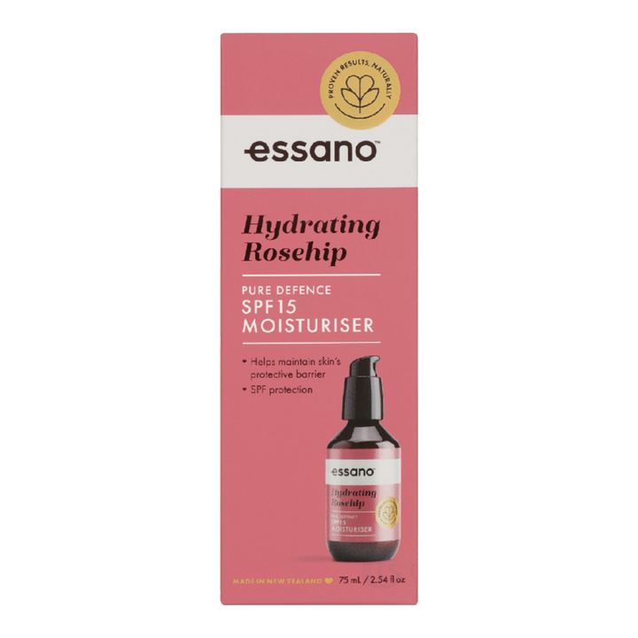 Essano Hydrating Rosehip Pure Defense SPF15 Moisturiser – Nourishing hydration with SPF15 protection for all skin types.