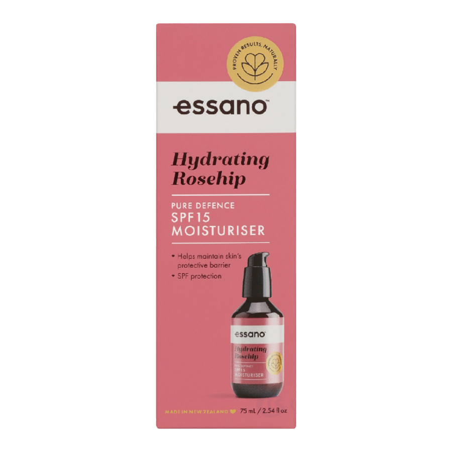 Essano Hydrating Rosehip Pure Defense SPF15 Moisturiser – Nourishing hydration with SPF15 protection for all skin types.