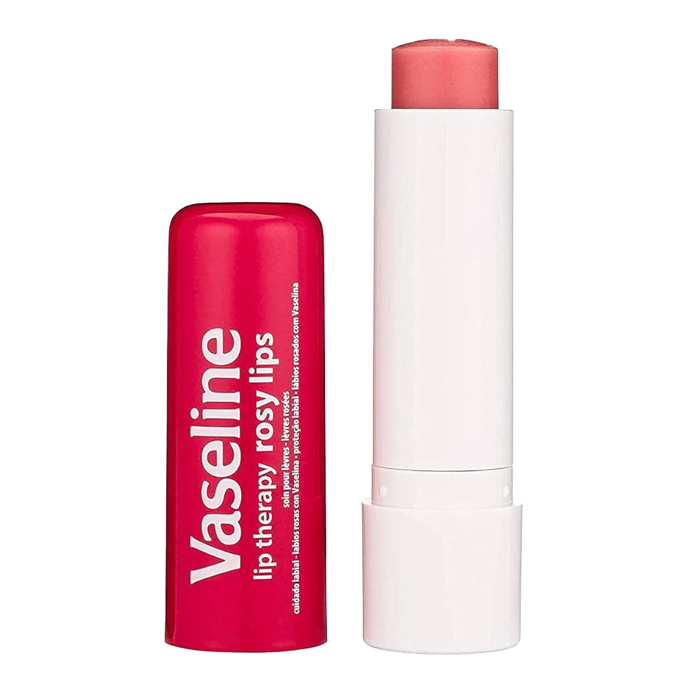 Vaseline Lip Therapy Rosy Lips Stick open showing tinted rosy balm locks in moisture