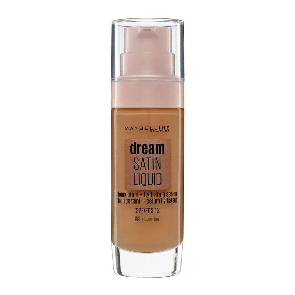 Maybelline Dream Satin Liquid Foundation 53 Classic Tan – pore-blurring, hydrating, breathable coverage for dry skin