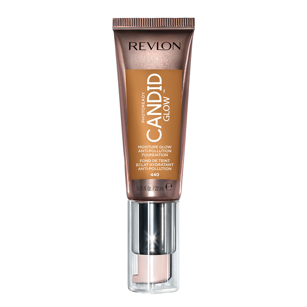 Revlon Candid Glow 440 Caramel – dewy hydrating foundation with prickly-pear oil & blue light defence