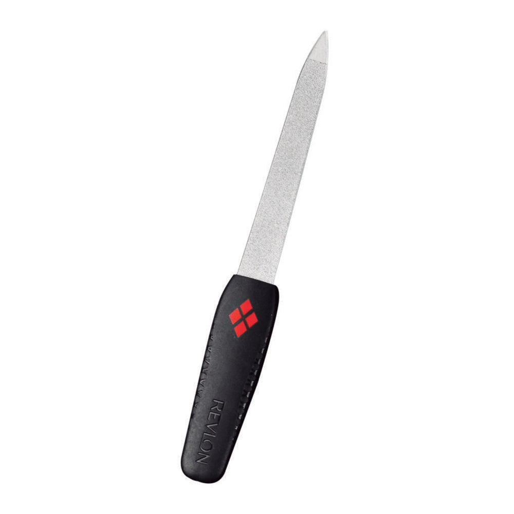Revlon Compact Emeryl File with dual-sided metal surface, soft-grip handle and pointed tip for under-nail cleaning