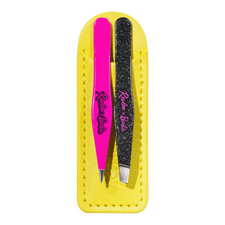 Revlon X Barbie Mini Tweezer Set with pink and black slant-tip and point-tip tweezers in branded pouch