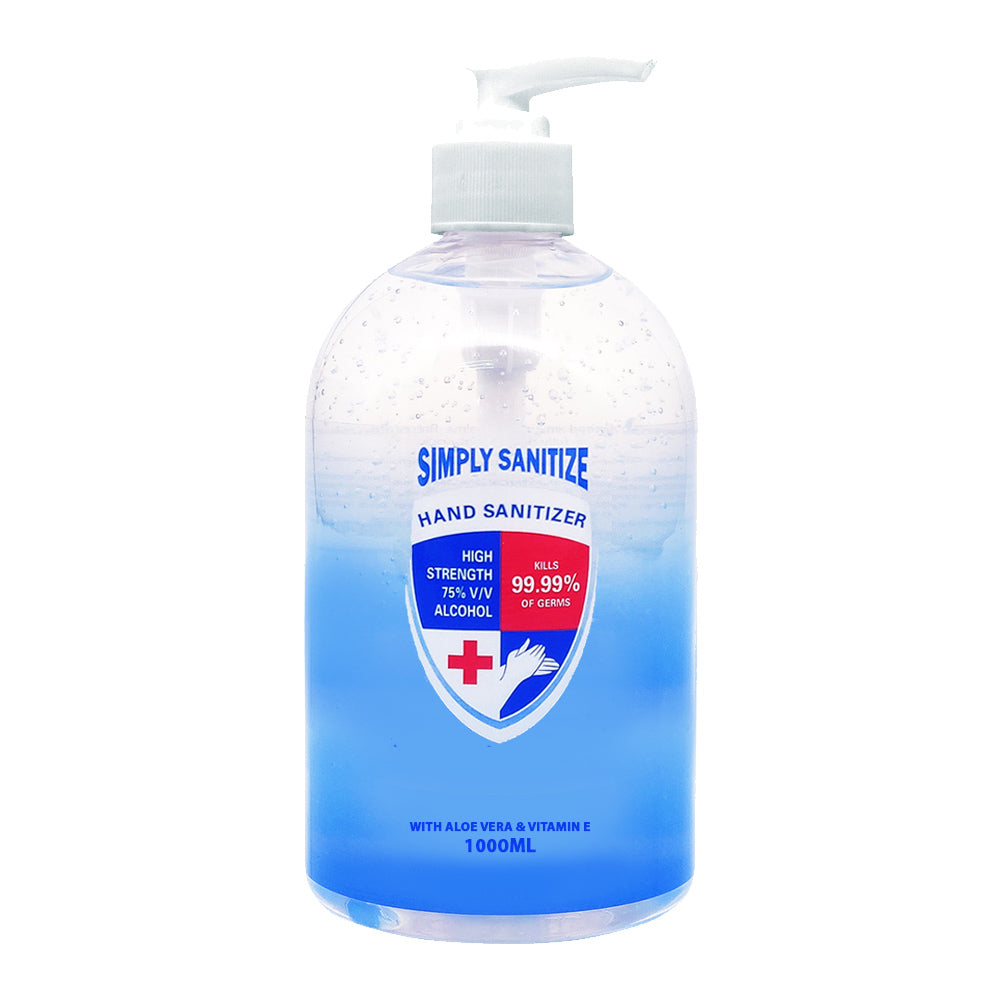 1 Litre pump Simply Sanitize Gel with 75% alcohol, Aloe Vera & Vitamin E for fast, effective hand hygiene without soap or water
