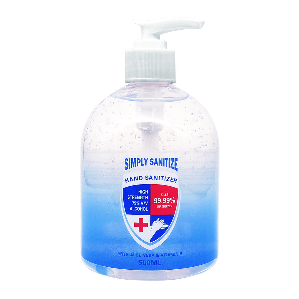 Simply Sanitize Hand Sanitiser Gel 500ml  pump with 75% alcohol, Aloe Vera and Vitamin E for clean, moisturised hands anytime without water or residue