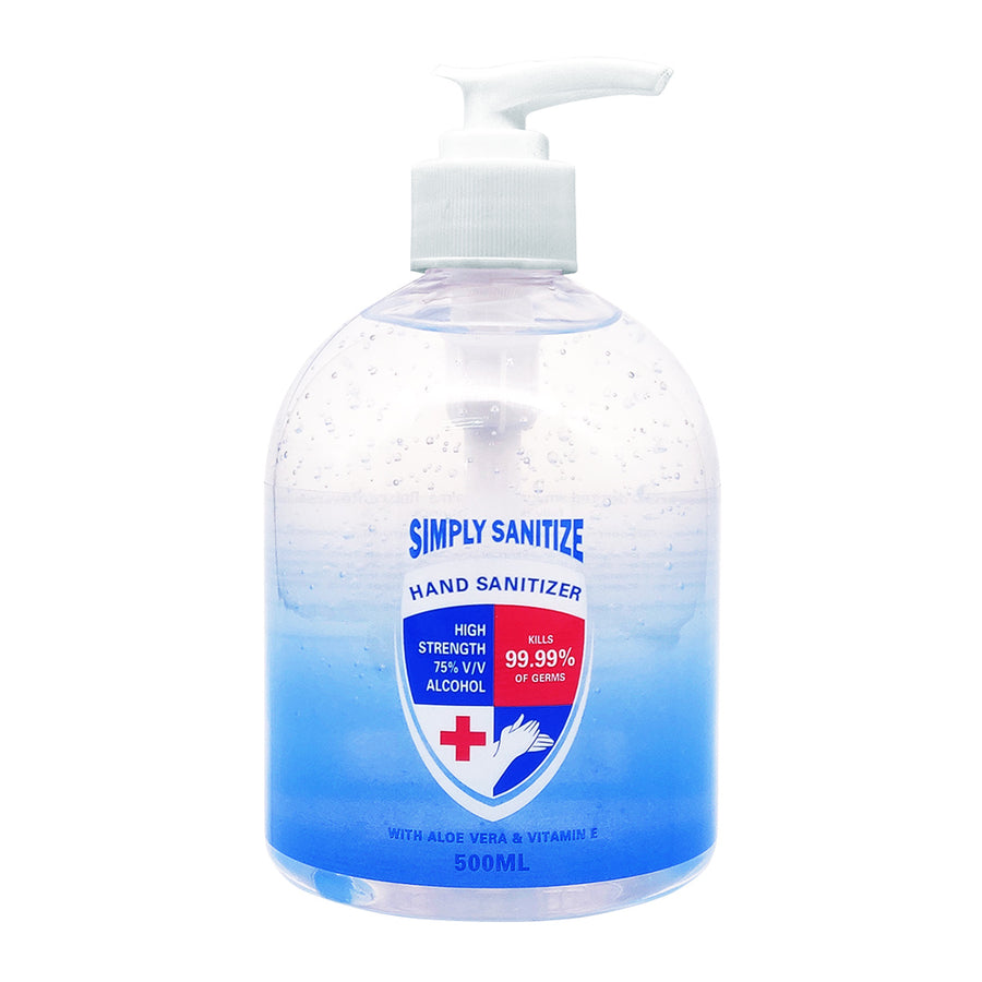 Simply Sanitize Hand Sanitiser Gel 500ml  pump with 75% alcohol, Aloe Vera and Vitamin E for clean, moisturised hands anytime without water or residue