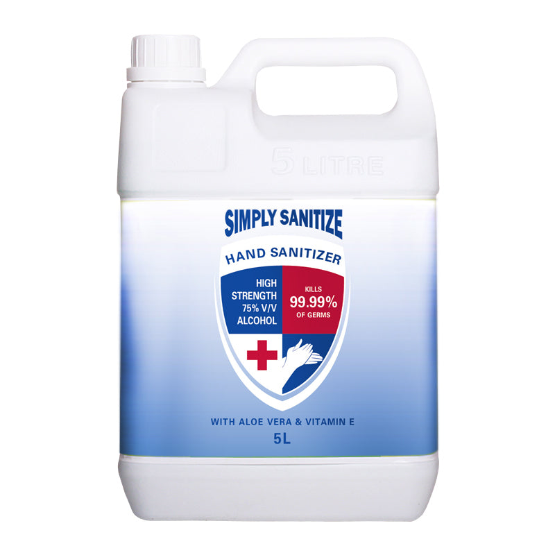 5 Litre Simply Sanitize Hand Gel with 75% alcohol, Aloe Vera & Vitamin E for fast, effective hand hygiene without soap or water